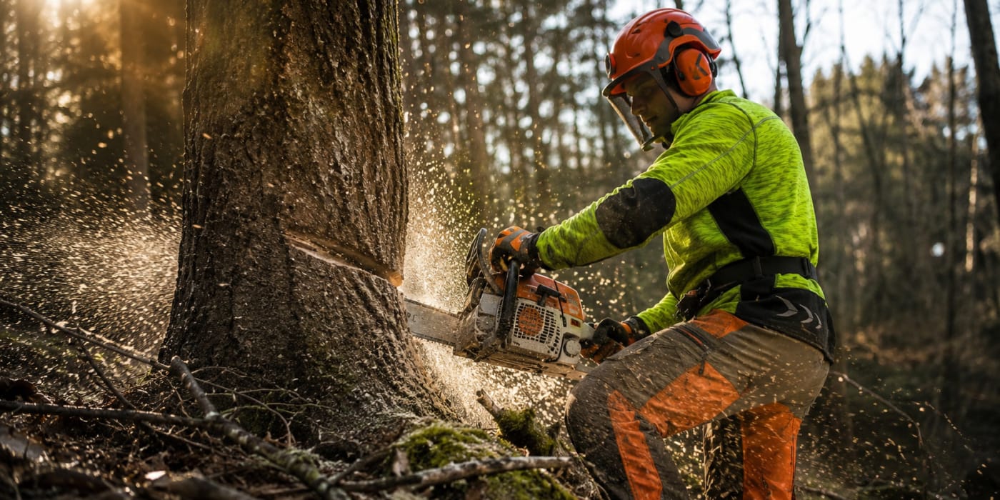 Forstarbeiter faellt einen Baum mit der Kettensaege