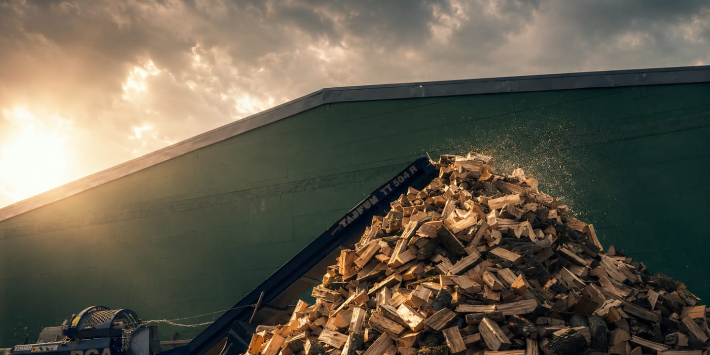 Frisch verarbeitetes Brennholz vor einer Lagerhalle