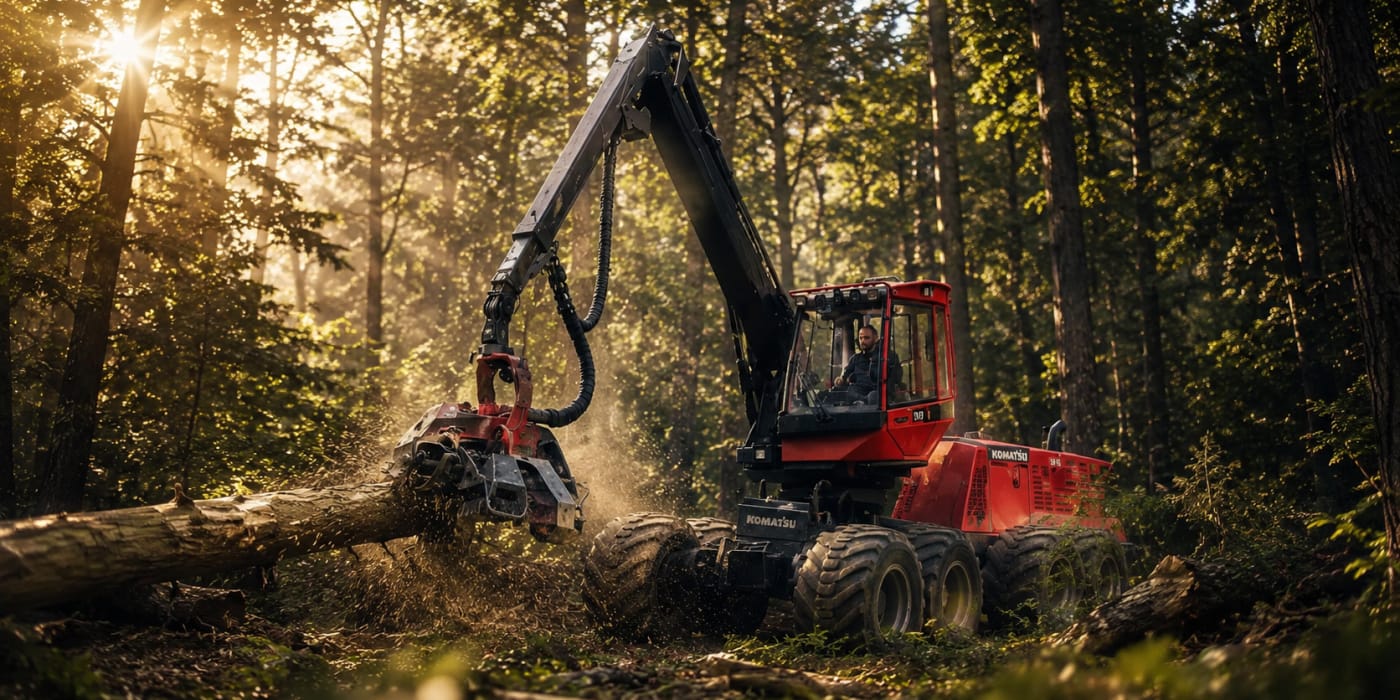 Forstmaschine bei der Waldarbeit im Sonnenlicht